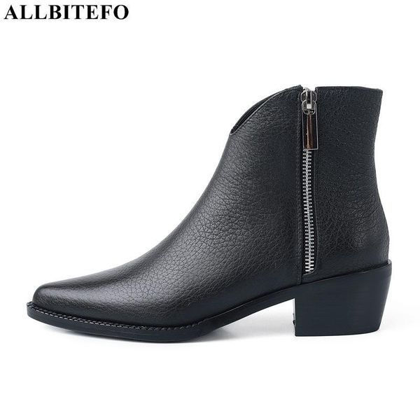 

boots allbitefo genuine leather thick heels ankle for women retro party shoes, Black