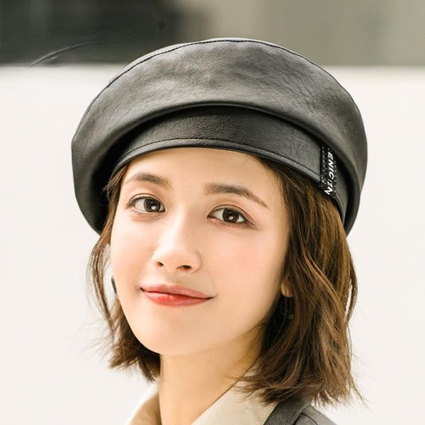 

berets pure color pu leather beanie beret women's autumn and winter fashion windproof painter hat wild warm octagonal, Blue;gray