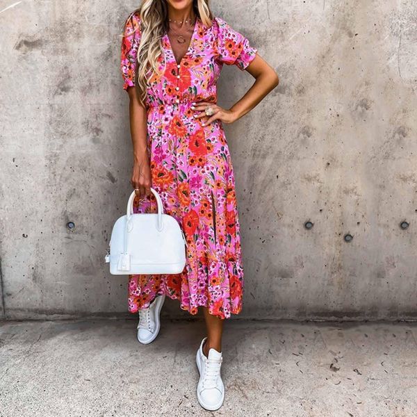 

womens dresses summer fashion print short sleeve v neck leopard waist split dress good quality, Black;gray