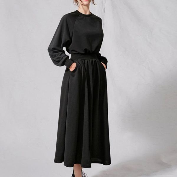 

casual dresses [ewq] autumn womens solid waist pullover long sleeve sweatshirt thin dress simple fashion trend ladies robe, Black;gray