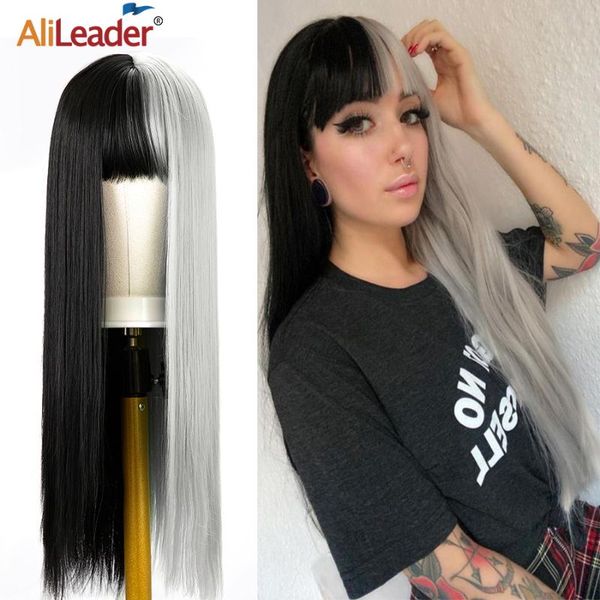 

synthetic wigs wig half black cosplay heat resistant long straight halloween two tone ombre color for women