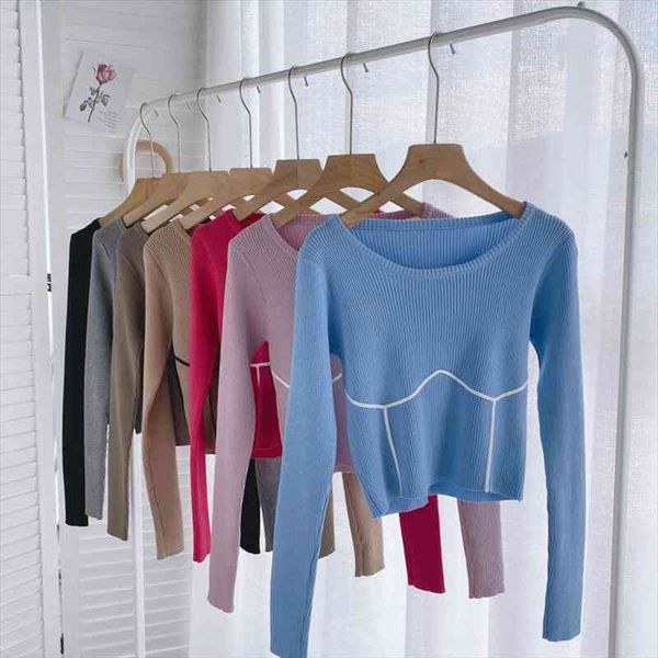 

women fashion contrast trim cropped knitted sweater round neck long sleeve slim casual pullover jumper, White;black