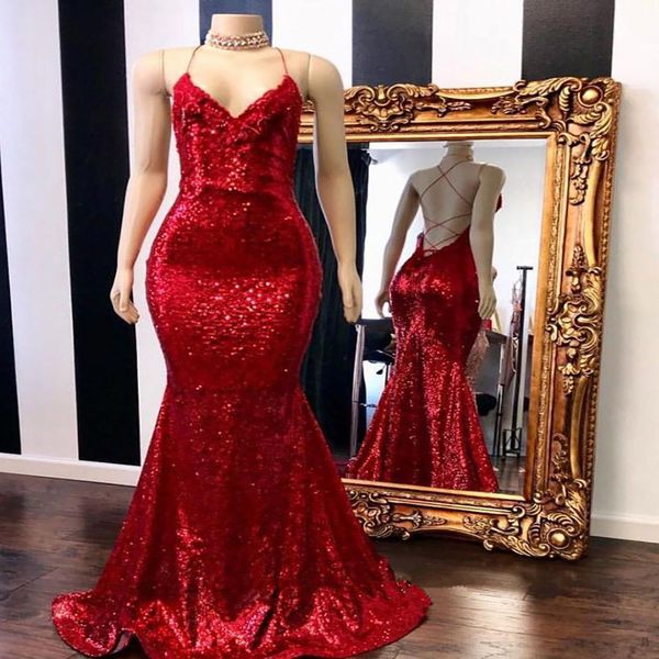 Bling Red Paillettes Prom Dress Lunghezza del pavimento Plus Size Abiti da sera a sirena formale Elegante scollo a V Abiti da festa lunghi Robe De Soir￩e Femme Abiti per occasioni speciali