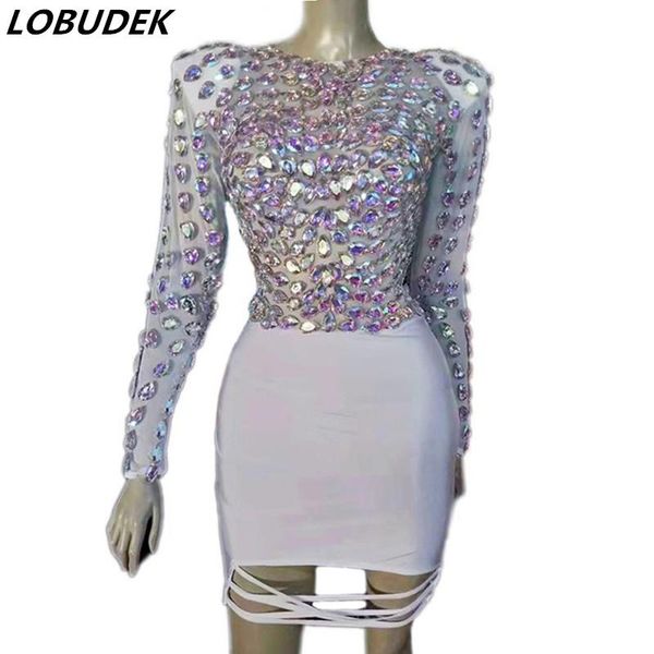 

casual dresses sparkly big rhinestones luxury dress women birthday celebration bar party singer host black white mesh short, Black;gray