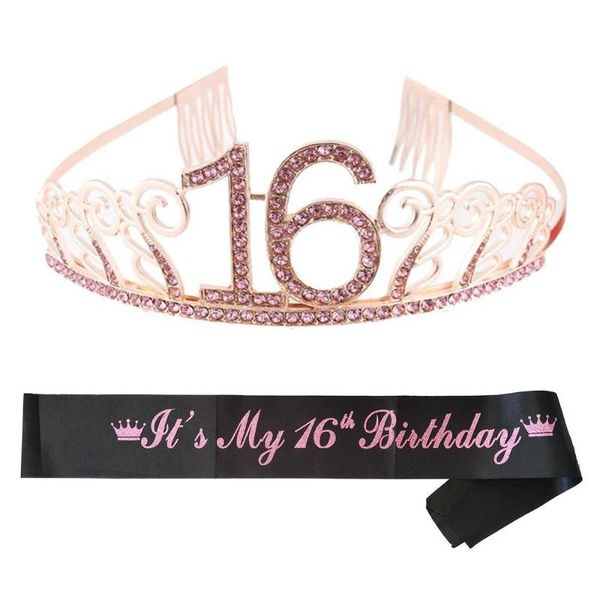 

party decoration sweet 16 birthday tiara crown headband satin sash for girl 16th princess cake er favor gifts