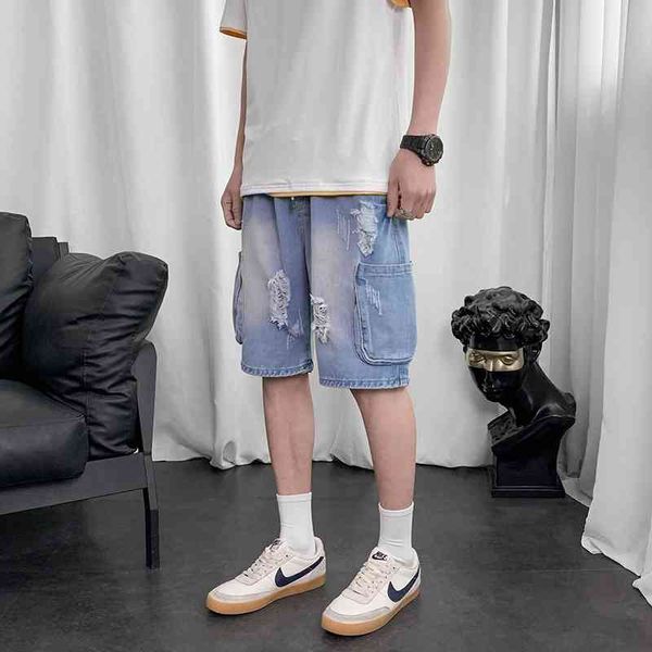 

men's shorts mens denim summer ripped hole jean cargo pants muti-pockets casual loose fashion elastic waist wide-leg short jeans 9, White;black