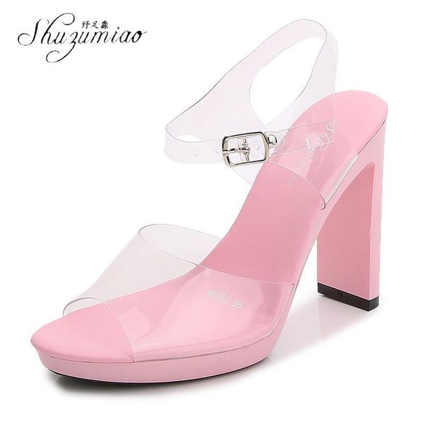 

dress shoes shuzumiao sandals for women summer fashion design transparent square heel party 11cm high heels ladies open toe sandal, Black
