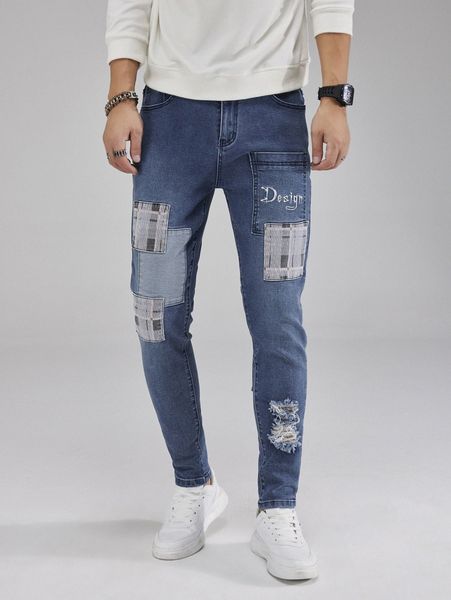 

men letter embroidery ripped frayed rag stitching skinny jeans w9rc#, Blue
