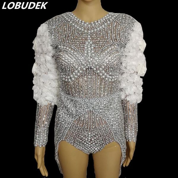 

luxury women stage costume sparkly silver rhinestones beads bodysuit occident bar club singer show petal sleeve crystals leotard women', Black;white