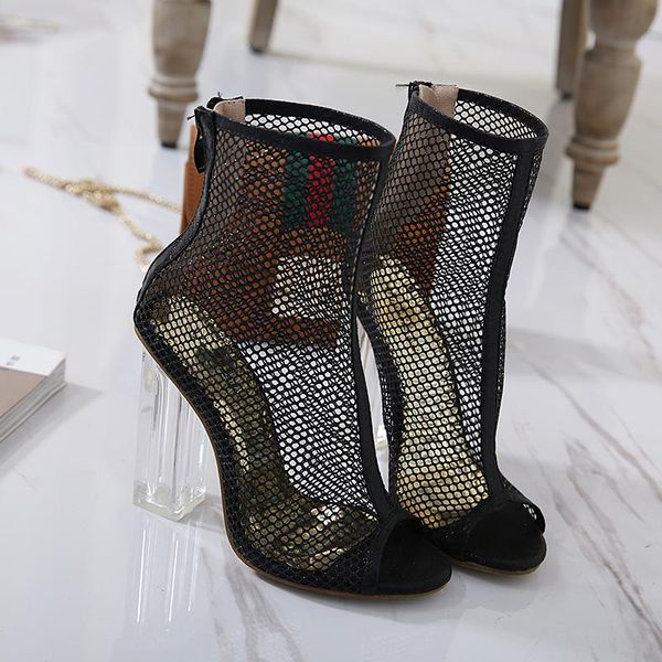 

boots summer 2021 peep toe mesh women's ankle sandals back zipper high heels crystal casual shoes for women femmes bottes, Black