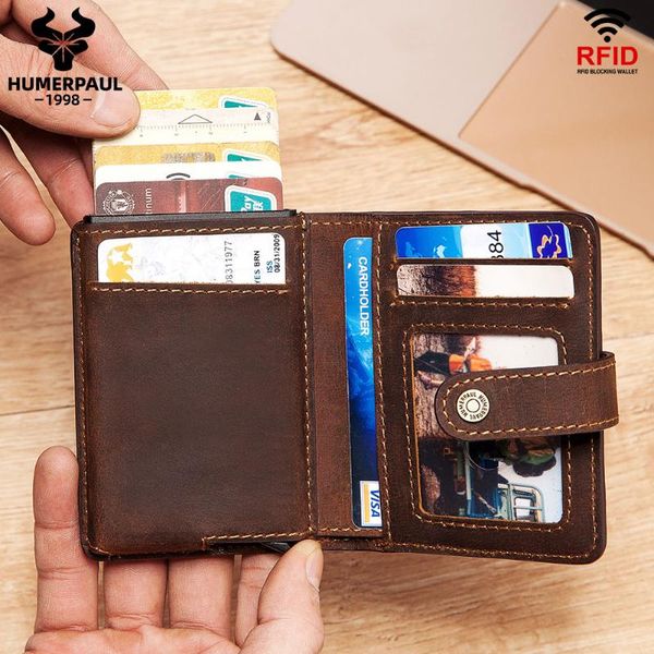 

card holders 100% crazy horse leather holder men slim anti protect travel id cardholder rfid up metal wallet case porte carte, Brown;gray