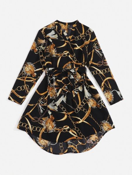 

plus 1pc chain print high low hem belted dress p4ag#, Black