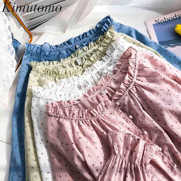 

kimutomo spring blouse women fresh style floral printing slash neck lantern sleeves slim waist single-breasted short shirt 210521, White
