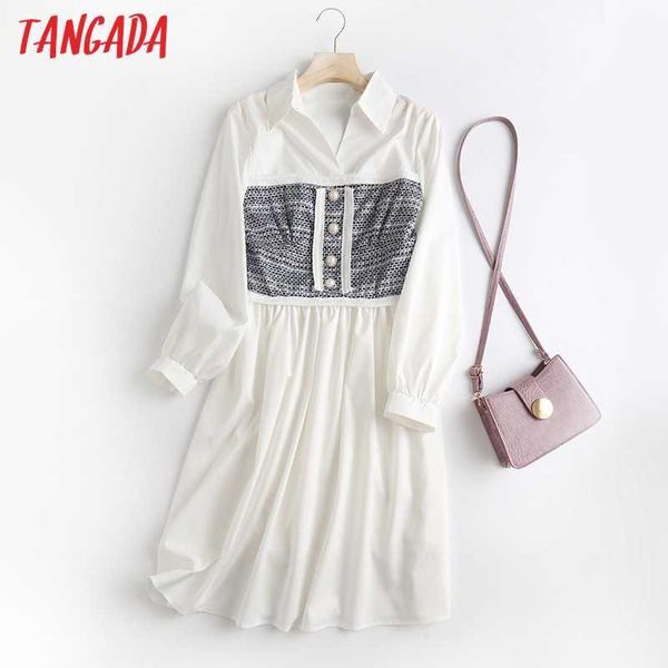 

tangada spring fashion women tweed patchwork shirt dress long sleeve office ladies midi dress 5m07 210609, Black;gray