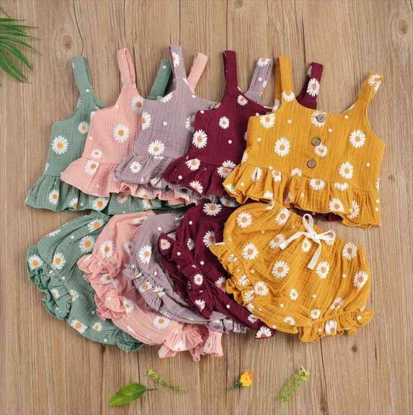 

summer kids girl daisy flower printed clothes suit sleeveless ruffled hem tank with triangle shorts summer clothing, White