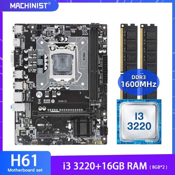 

motherboards h61 motherboard lga1155 set kit with intel i3 3220 processor ddr3 16gb(2*8gb) 1600mhz ram memory mico-atx integrated graphics p