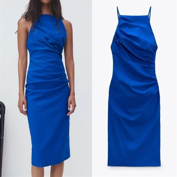 

traf za pleated dress woman blue slip women backless ruched summer es sleeveless slim party es 210701, Black;gray