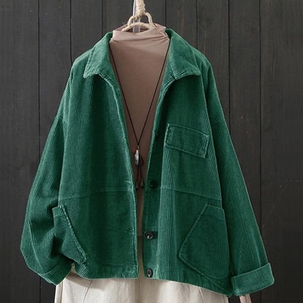 

women's jackets women korean coat casual solid print cardigan corduroy lapel pocket long sleeve harajuku autumn loose coats, Black;brown