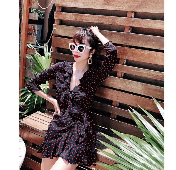 

casual dresses 2021 latest women fashion silk polka dot print long sleeve ruffled v neck mini dress with hem, Black;gray