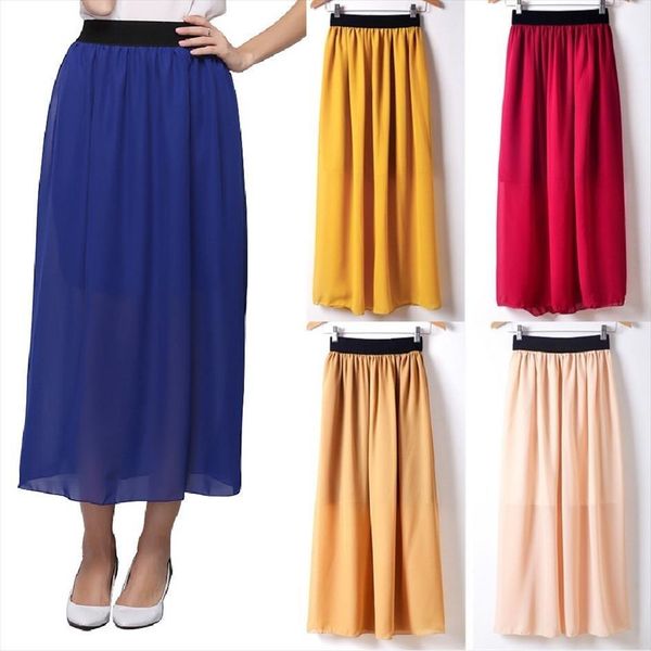 

summer long pleated tulle women skirts chiffon solid ankle length, Black