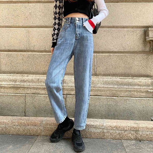 

jeans spring straight woman high waist korean style vintage baggy jeans button streetwear boyfriend casual denim trousers xb2i 02mf, Blue