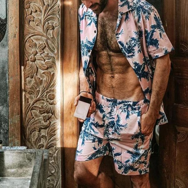 

men's tracksuits two piece set men hawaiian print short sleeve t shirt cropped shorts 2021 causal trousers #3, Gray