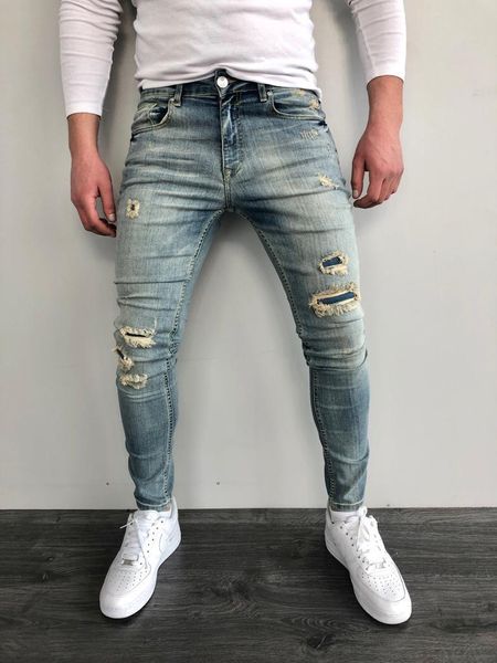 

men's jeans 2021 casual denim trousers with zipper closure type and pencil skinny pocket hole decoration men clothing, Blue