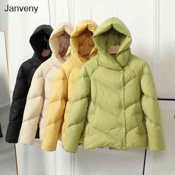 

janveny 90% white duck down jacket hooded winter coat women soft warm female short thick down parkas loose feather clothes 211130, Black