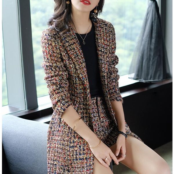 

women's tracksuits 2021 autumn winter women woolen tweed blazer coat short suits runway office outfits plaid jacket slim shorts 2 piece, Gray