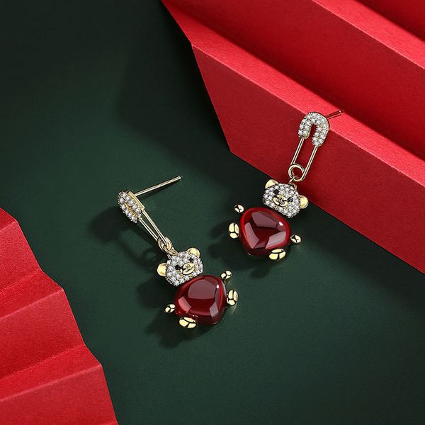 

s925 silver needle with diamond lovely bear pin pendant earrings korean elegant temperament net red