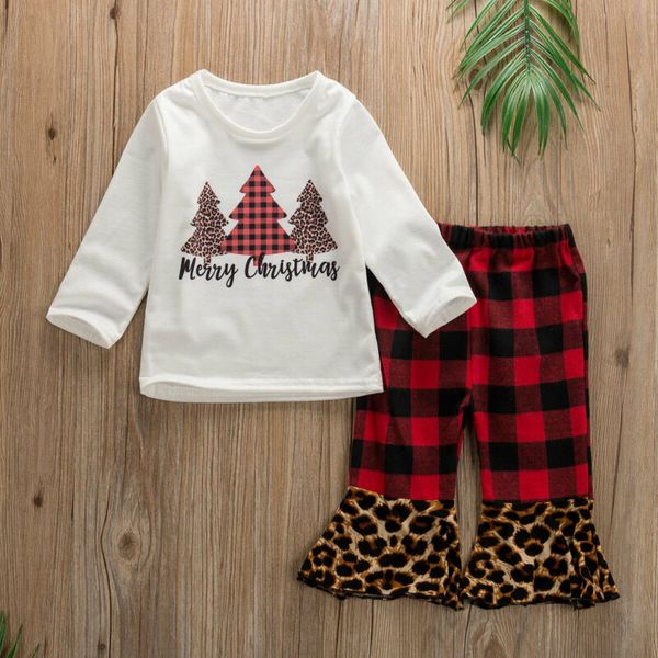 

0-3 years newborn kids baby girls xmas clothes christmas tree t shirt plaid leopard patchwork pants baby boys xmas outfits, White