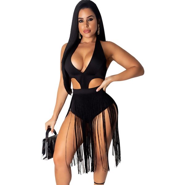 

2021 women summer beach dress boho sleeveless v neck fringe tassel dress party club hollow out black bodycon dress, Black;white