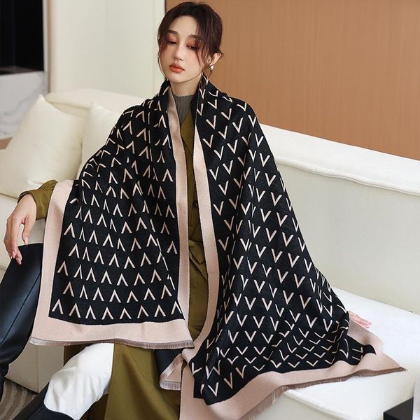 

scarves 2021 autumn cashmere thick letter beach towel female 190x65cm tassels shawls winter print dustproof bandanna, Blue;gray