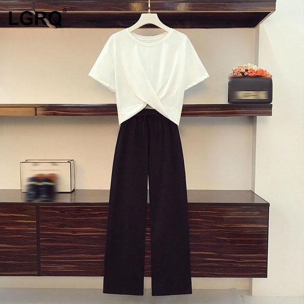 

women's two piece pants [lgrq] wide leg gray tie casual suit round neck short sleeve women fashion tide spring summer 2021 19d1474, White