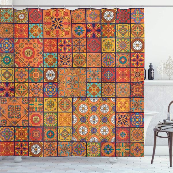 

moroccan shower curtain, group of moroccan geometric patterns floral ornamental patchwork print, cloth fabric bathroom decor set