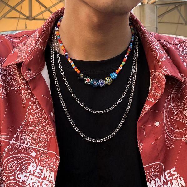 

chains ingesight.z 3pcs/set colorful beads chain choker rainbow crystal flower necklaces for men multi layered long jewelry, Silver