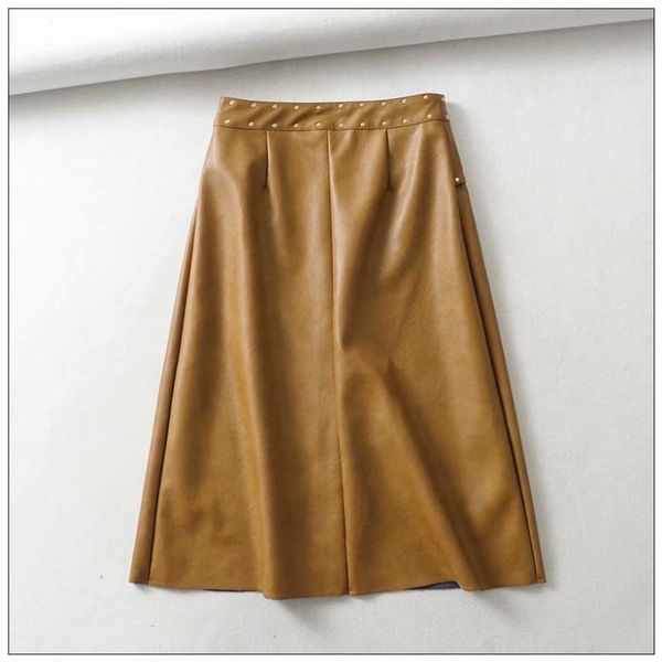

skirts pu leather skirt women 2021 fashion vintage retro high waist elegant office ladies work a-line long female, Black