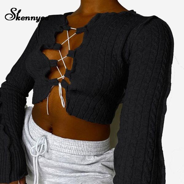 

women's t-shirt skennyee reverse side casual v-neck lace up long sleeve rave party club retro designer for women brand, White