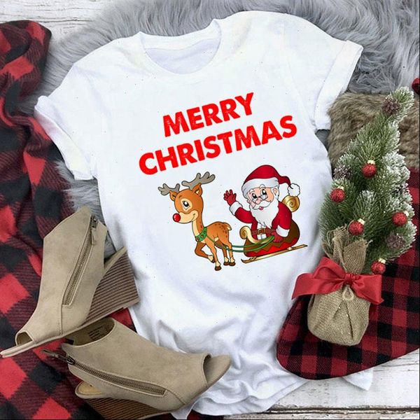 

women cute reindeer merry christmas letters print fashion t shirt harajuku short sleeve tshirt female kawaii, White