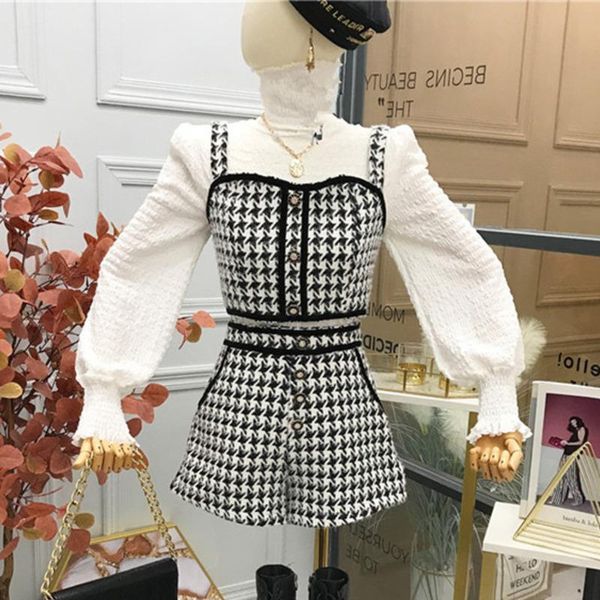 

women's tracksuits fall vintage houndstooth tweed 3 piece set women turtleneck shirt blouse + vest crop shorts suits korean sweet pant, Gray