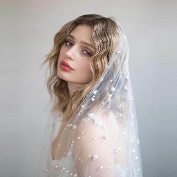 

bridal veils beaded veil pearl white ivory wedding velo para novia one layer fingertip accessories, Black