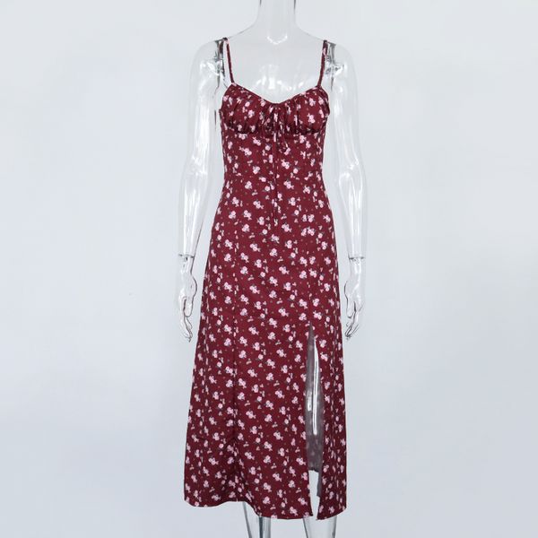 

2021newasia wine floral dress women prairie chic paghetti straps backless chest draped lace up side split long dresses 2021 new, Black;gray