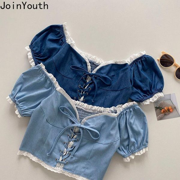 

women's blouses & shirts joinyouth temperament slash collar puff sleeve shirt women lace patchwork cross bandage denim blouse summer fa, White