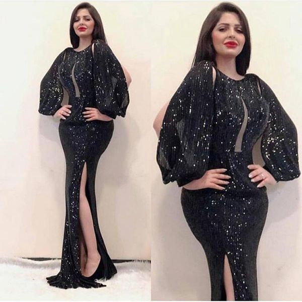 

party dresses vestidos de noite classical black sequined mermaid prom long sleeves side split cocktail bride special wear, White;black