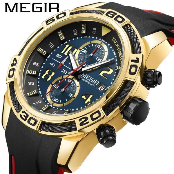 

wristwatches megir men's watches chronograph calendar sports timing watch silicone quartz clock reloj hombre kol saati, Slivery;brown