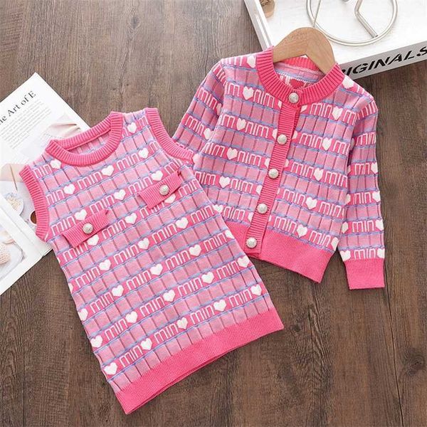 

menoea two-piece baby girls winter clothes knitted love sweater coat knit dress outfits casual autumn kids toddler clothing set 211104, White