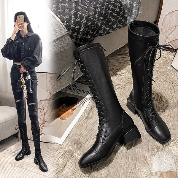 

below knee women's 2021 autumn winter middle thick heel high tube knight elastic and plush riding boots, Black