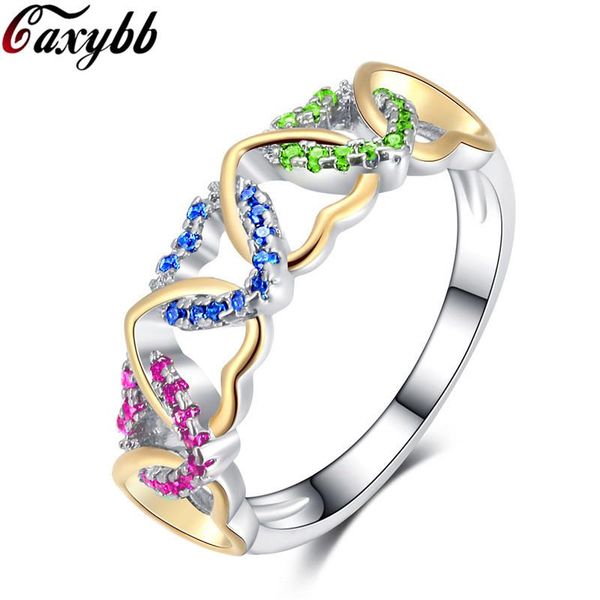 

wedding rings silver plated jewelry three colorful cubic zirconia love heart romantic finger ring for women gift bague femme, Slivery;golden