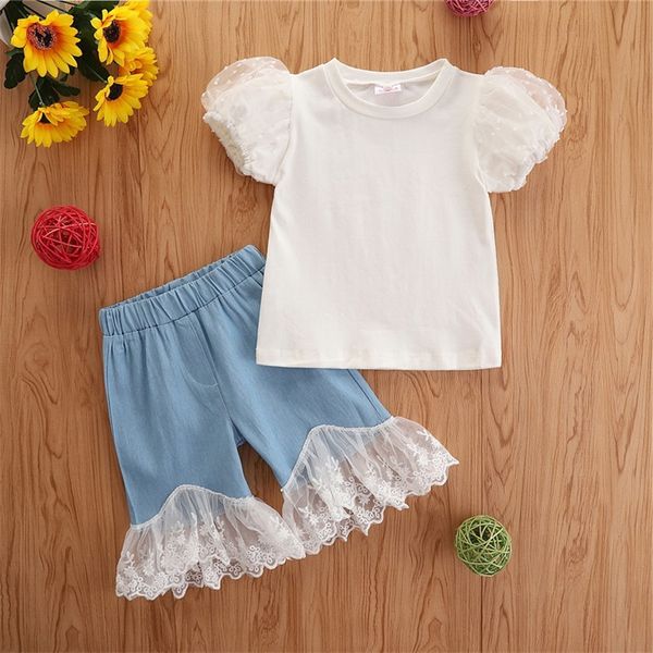 Roupas infantis conjuntos de garotas roupas roupas de bebê crianças terno infantil usa renda de verão short shorts de manga curta calça jeans 2pcs 3344 q2