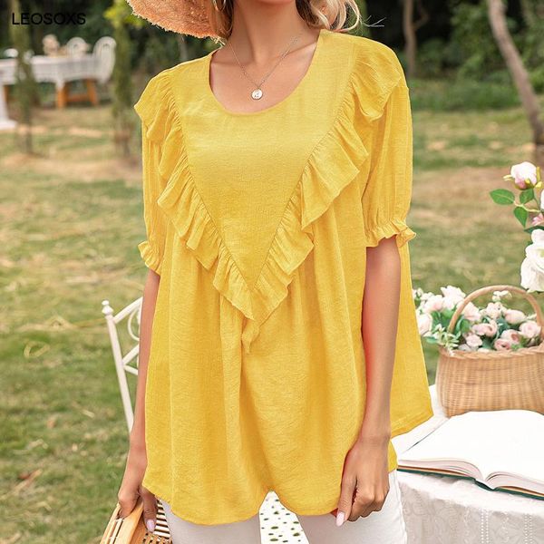 

women's t-shirt 2021 summer loose mid-length ruffled round neck short-sleeved shirt casual women, White